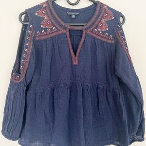 American Eagle Navy Cold Shoulder Top Blouse Red Embroidery Keyhole Boho Western